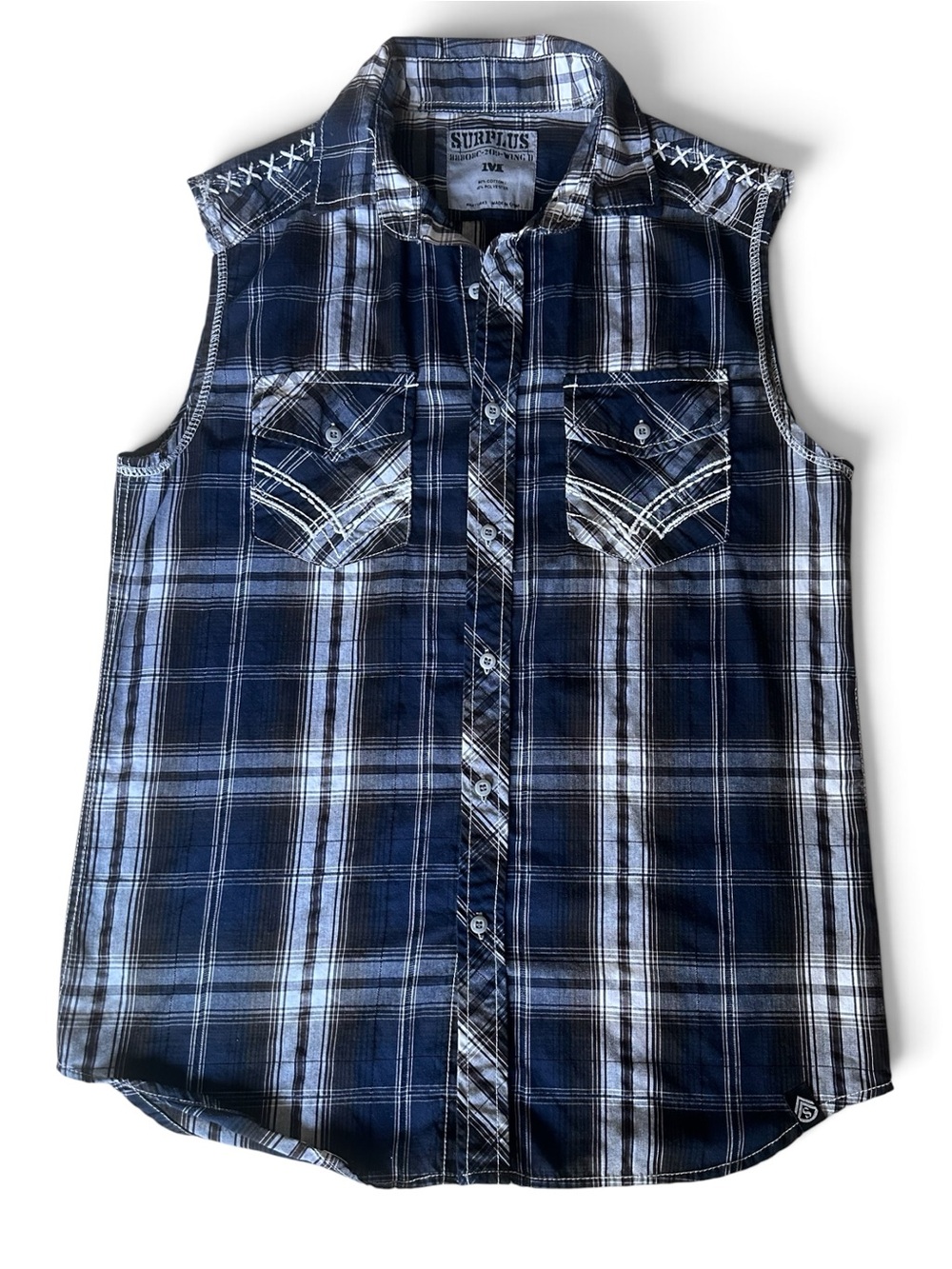 Navy Plaid Sleeveless Western Button-Down Shirt Y2K Grunge Cowboy Size M